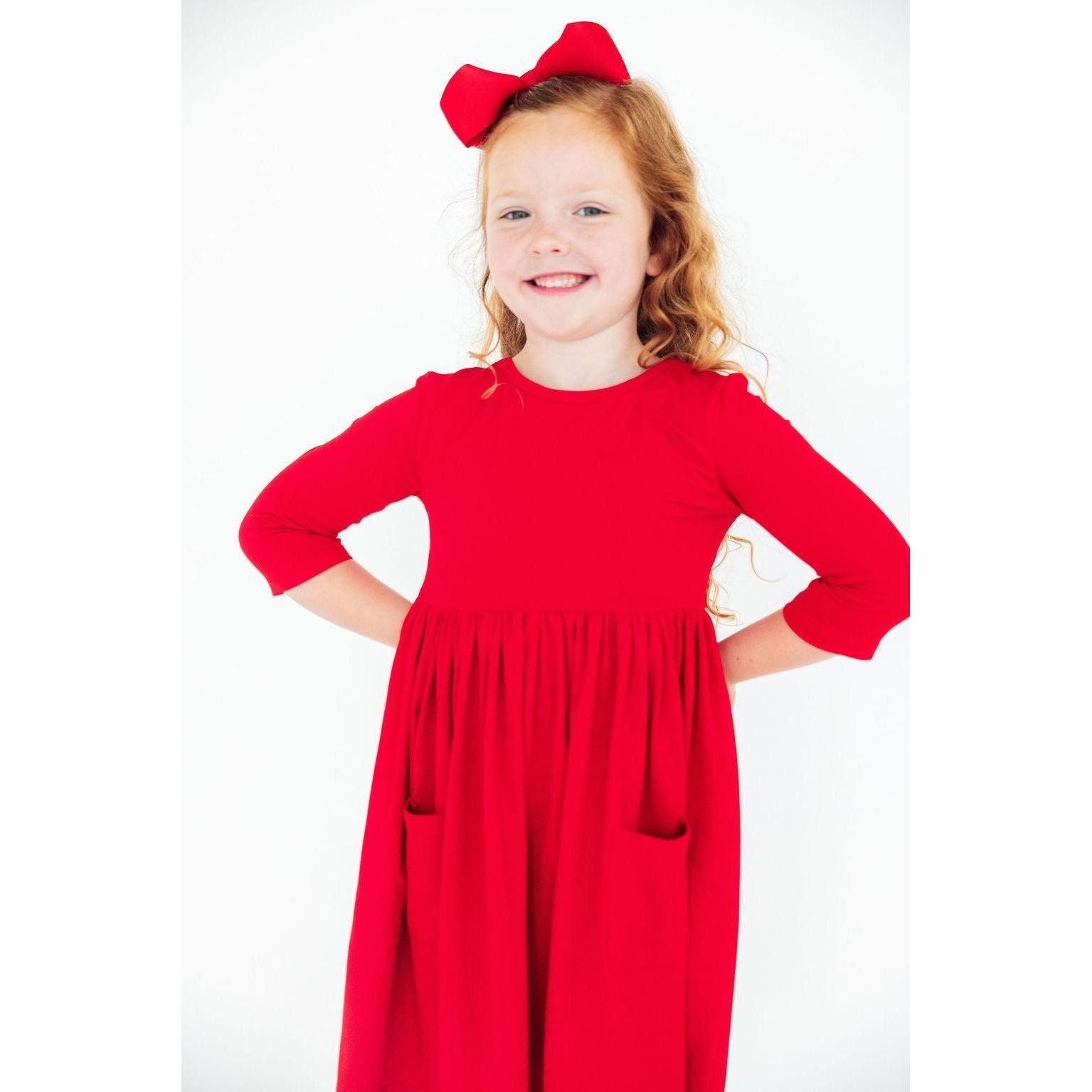 Red 3/4 Sleeve Pocket Twirl Dress