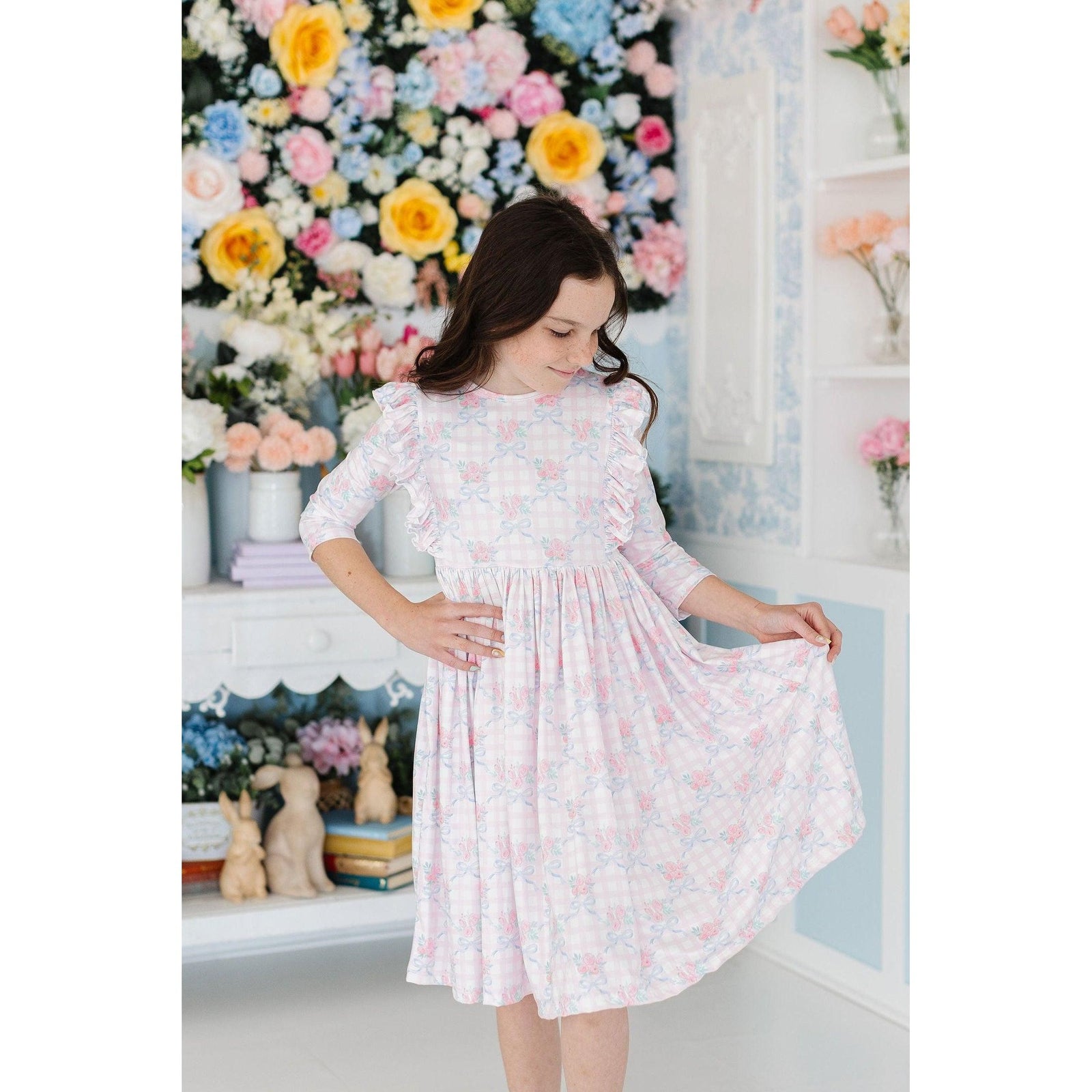 Ribbons & Roses 3/4 Sleeve Ruffle Twirl Dress