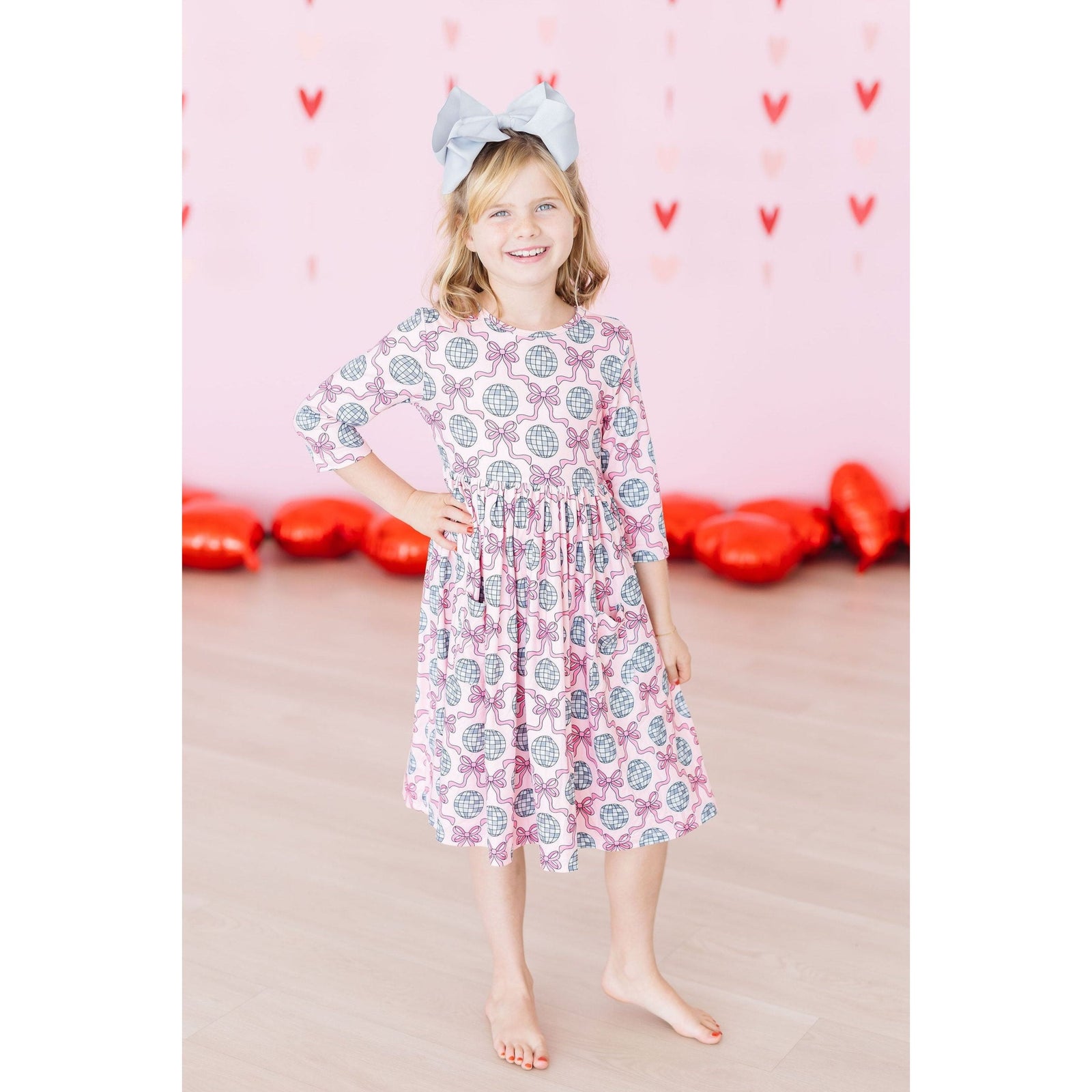 SALE Disco Bows 3/4 Sleeve Pocket Twirl Dress