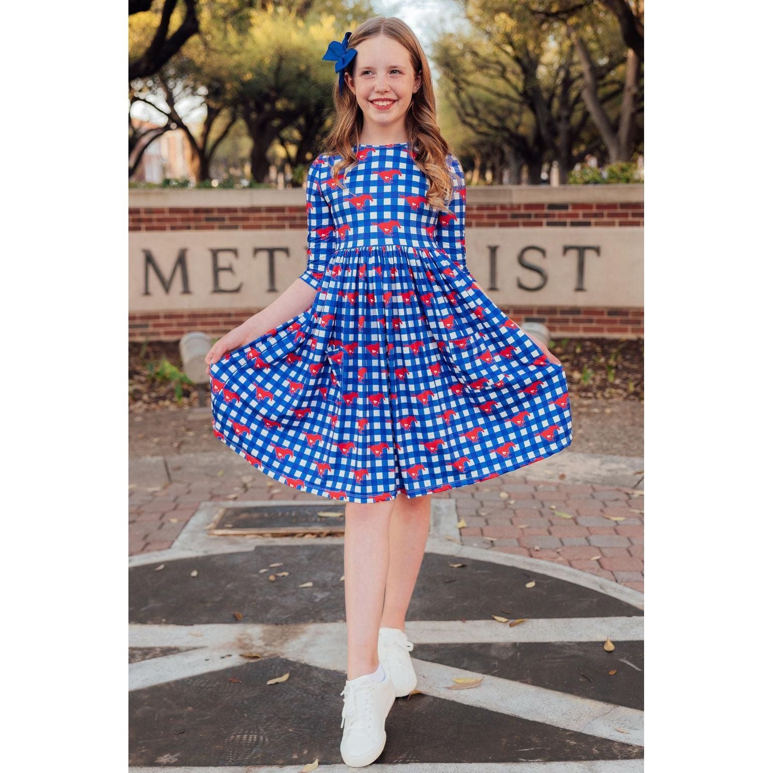 SMU Plaid Mustang 3/4 Sleeve Pocket Twirl Dress