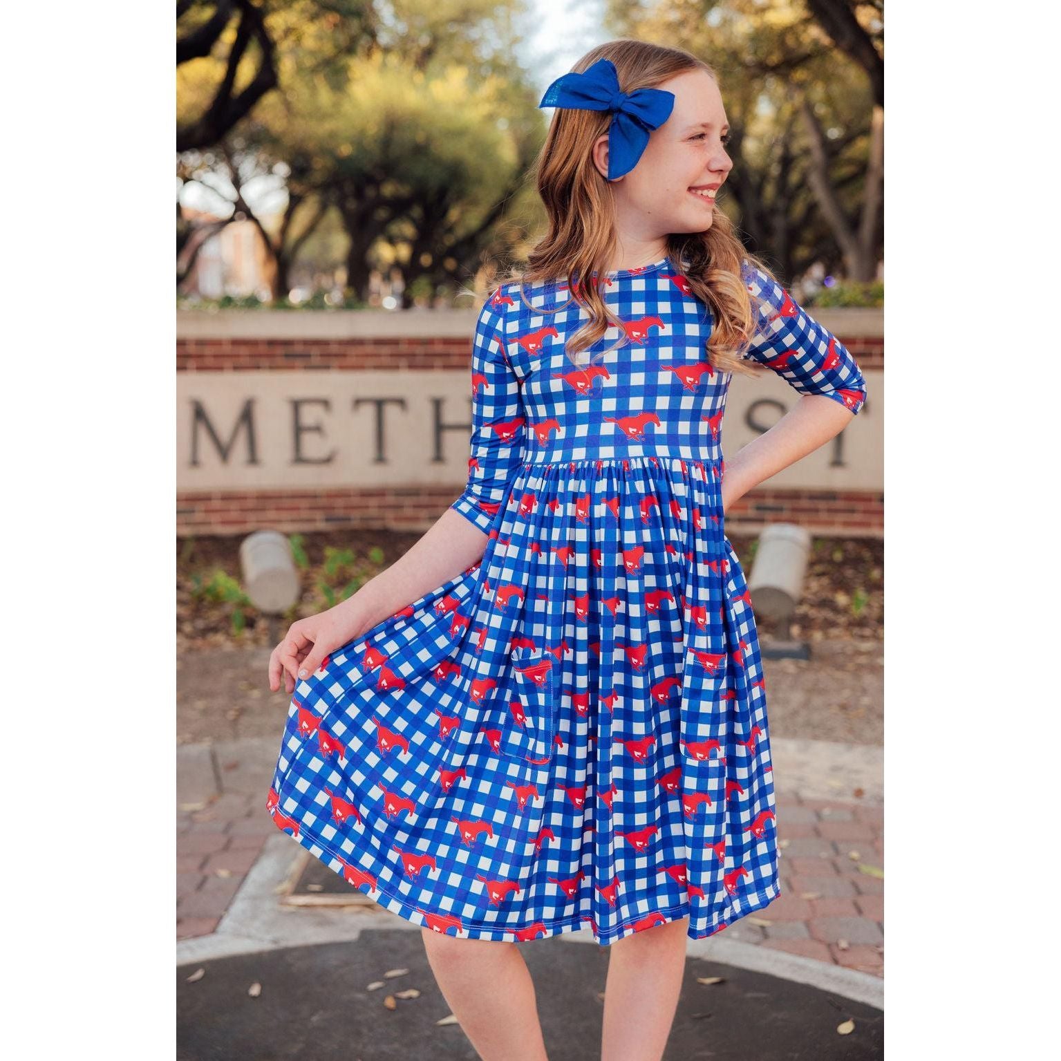 SMU Plaid Mustang 3/4 Sleeve Pocket Twirl Dress