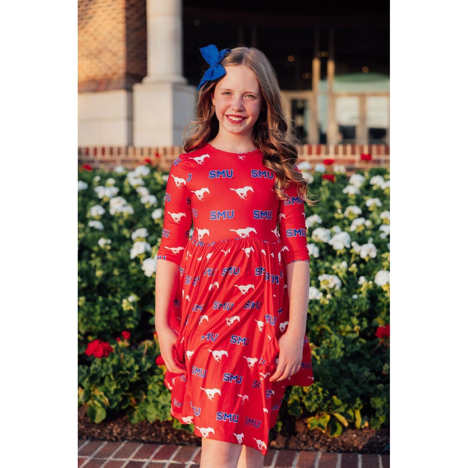 SMU Red Mustang 3/4 Sleeve Pocket Twirl Dress