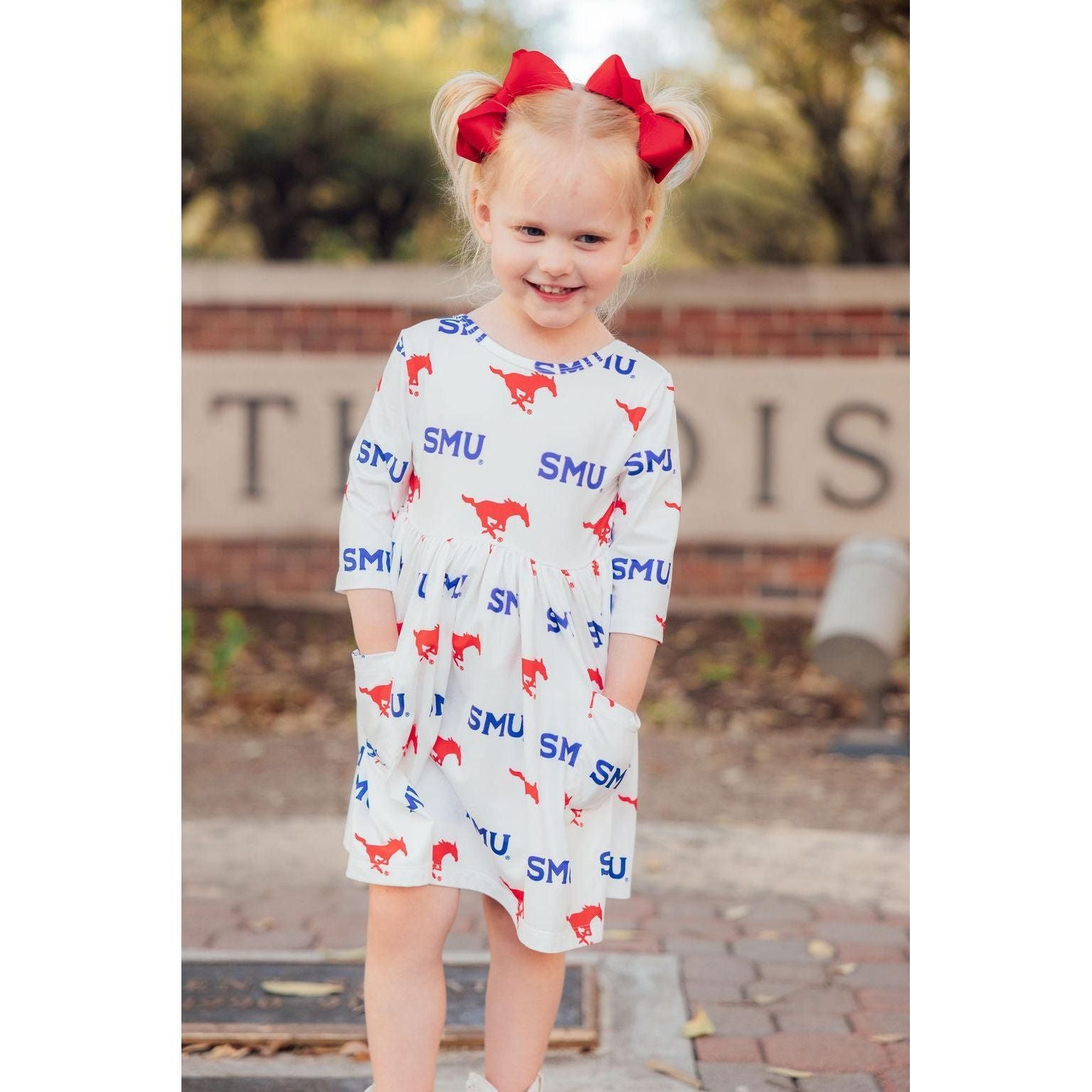 SMU White Mustang 3/4 Sleeve Pocket Twirl Dress