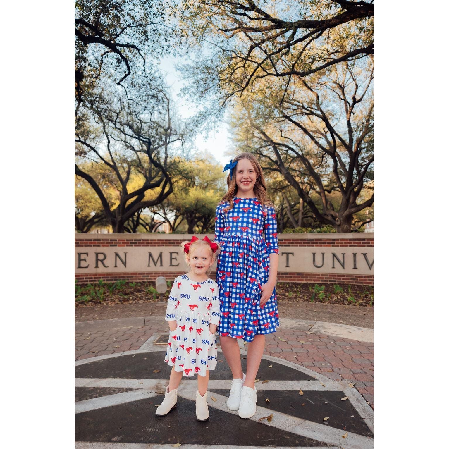 SMU White Mustang 3/4 Sleeve Pocket Twirl Dress