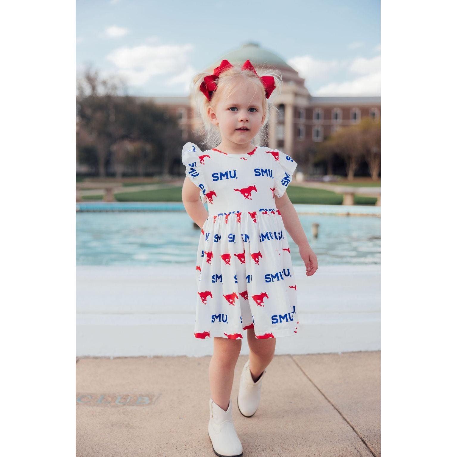 SMU White Mustang Flutter Twirl Dress