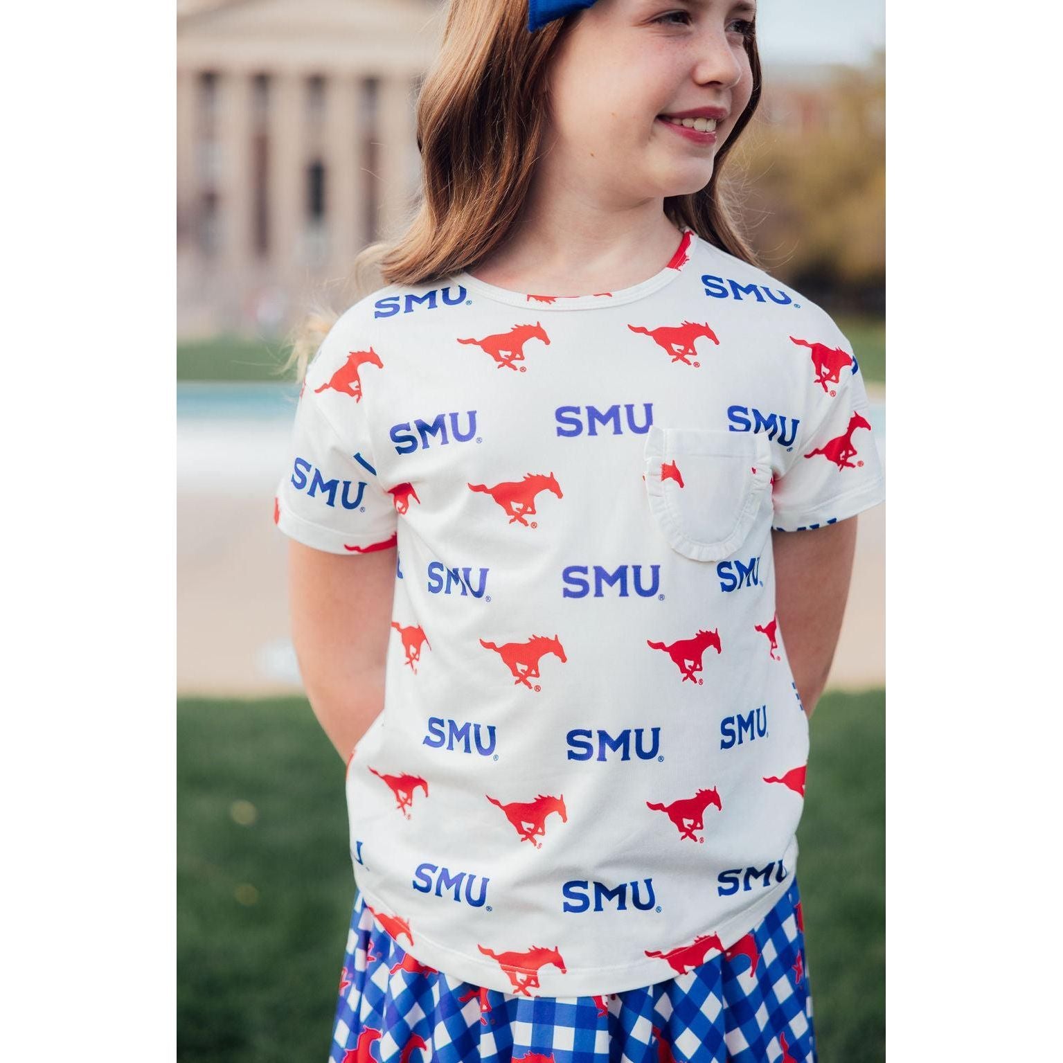 SMU White Mustang Ruffle Pocket Tee