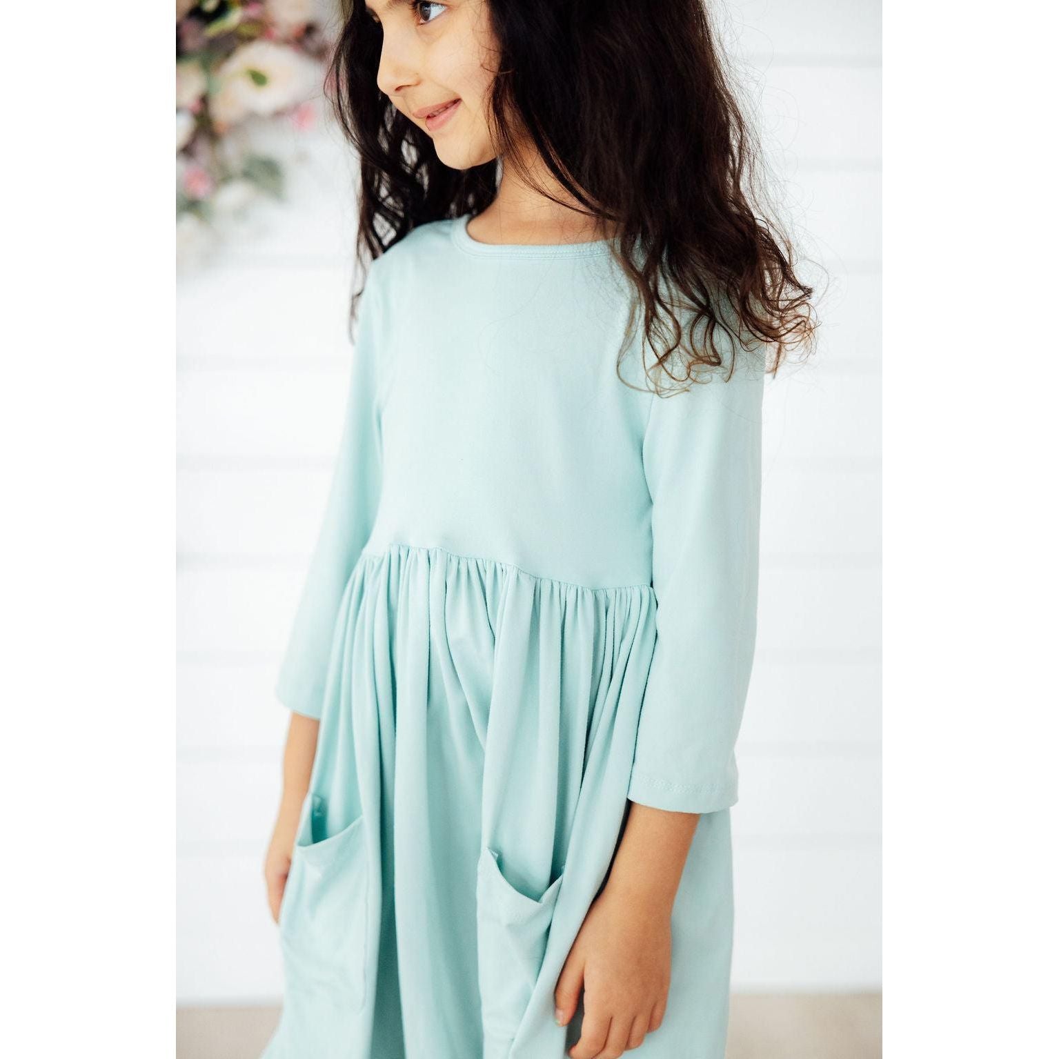 Sage 3/4 Sleeve Pocket Twirl Dress