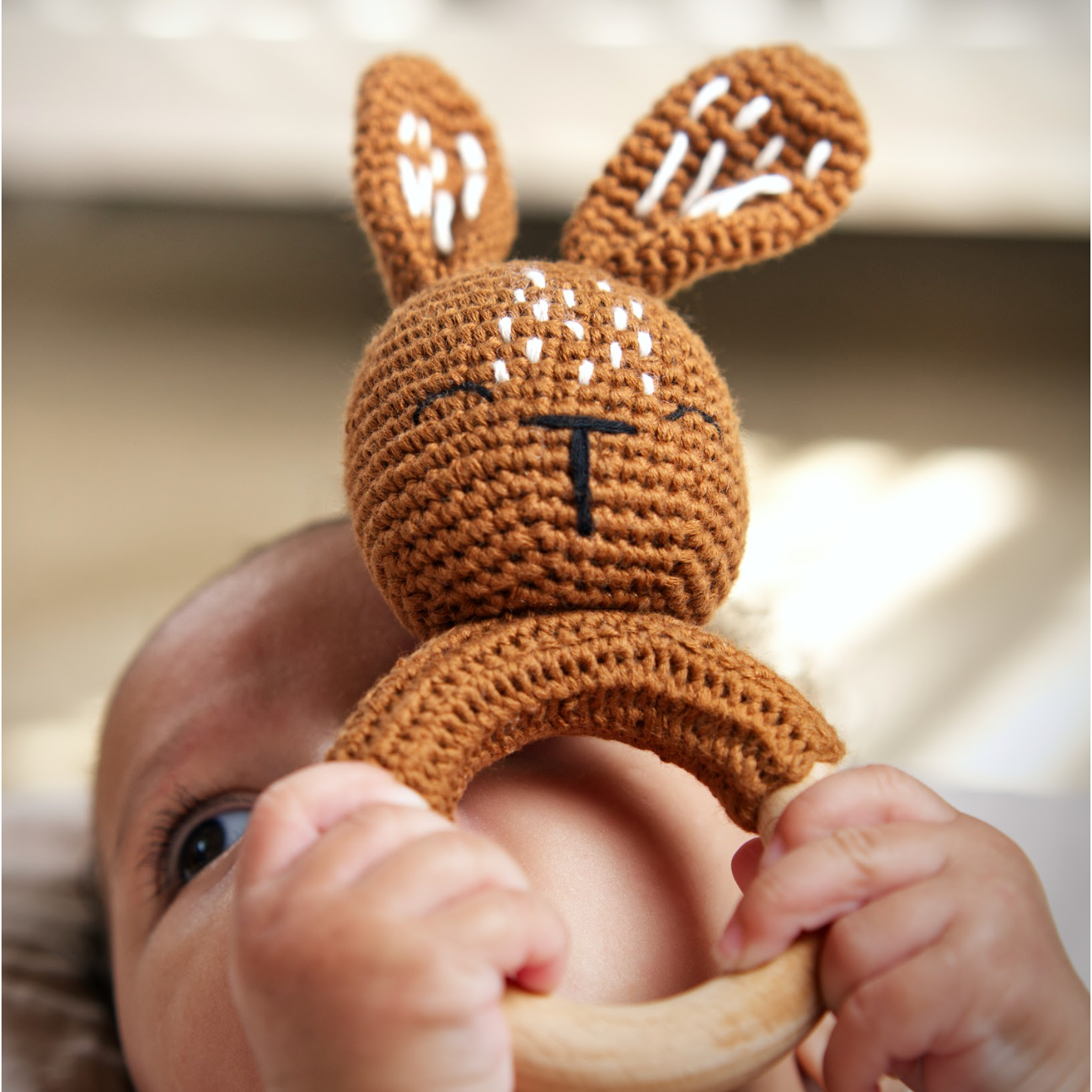 Handmade Organic Cotton Rattle Ring Teether · Bunny Design · Brown/Rust Body Color