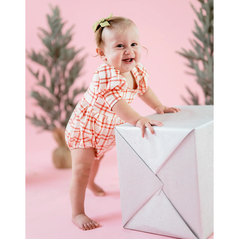 puff romper | scarlet plaid