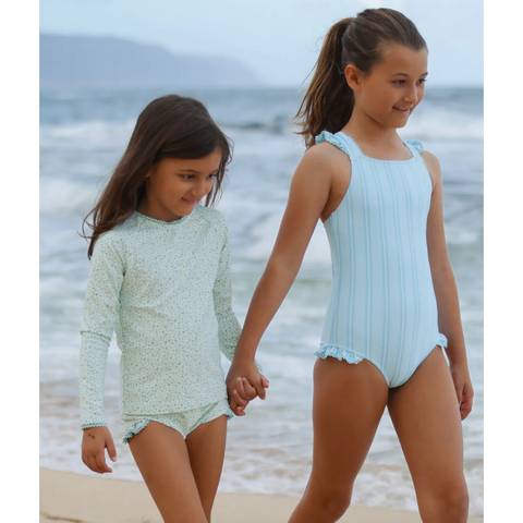 girls pacific blue stripe crossover one piece
