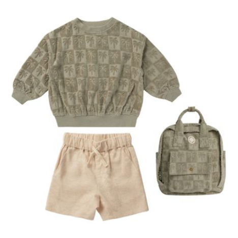 sweatshirt || palm check + bermuda short || heathered sand + mini backpack || palm check