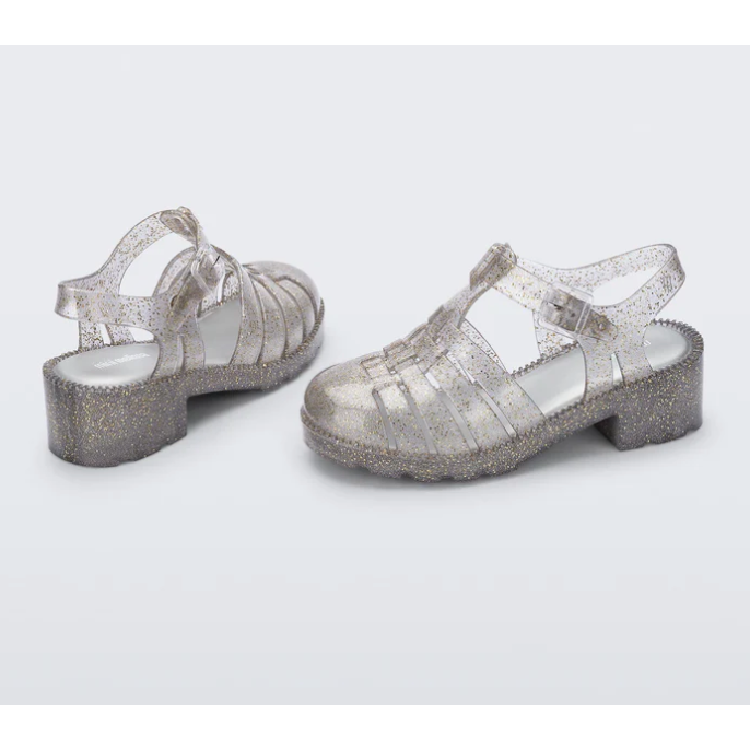possession heel kids | clear/gold glitter