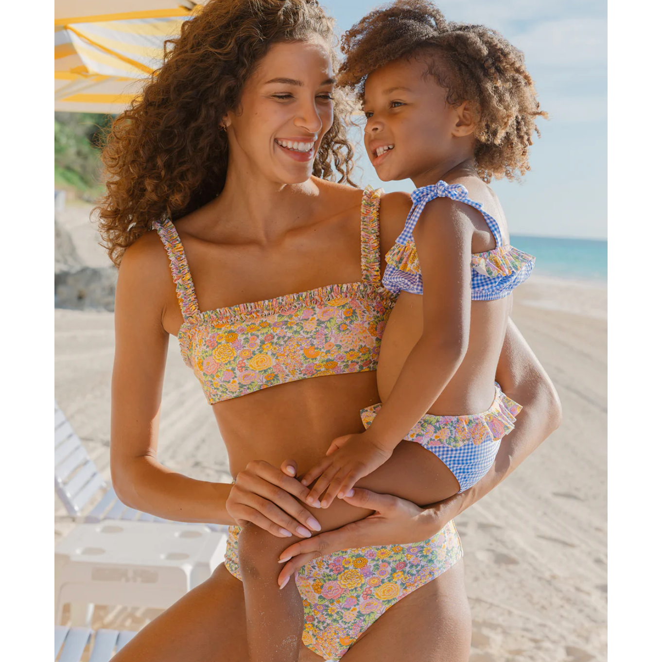 girls sky blue gingham bandeau tie strap bikini