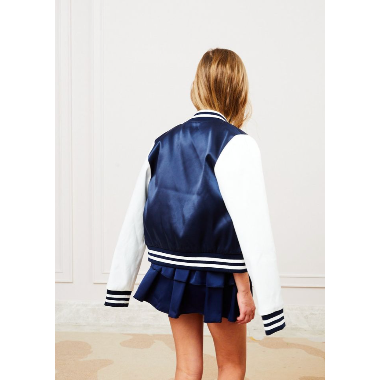 valley satin varsity jacket | navy & white