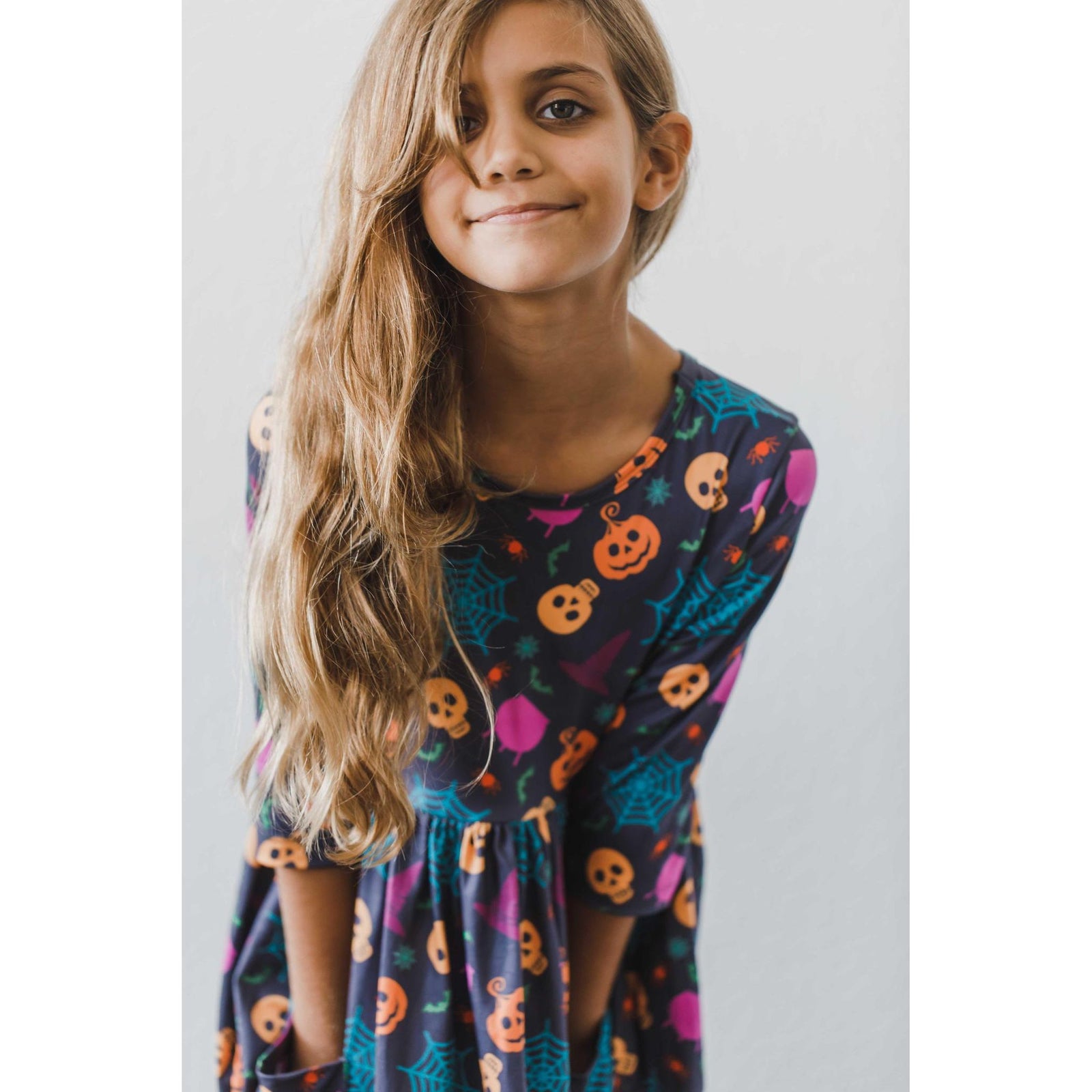 Skeleton Web 3/4 Sleeve Pocket Twirl Dress