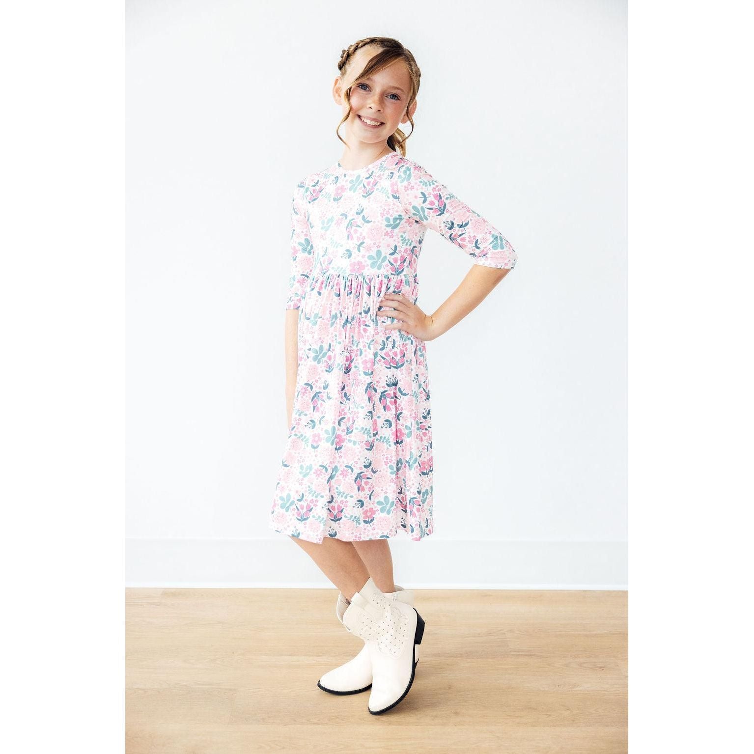 Softly Blooming 3/4 Sleeve Pocket Twirl Dress
