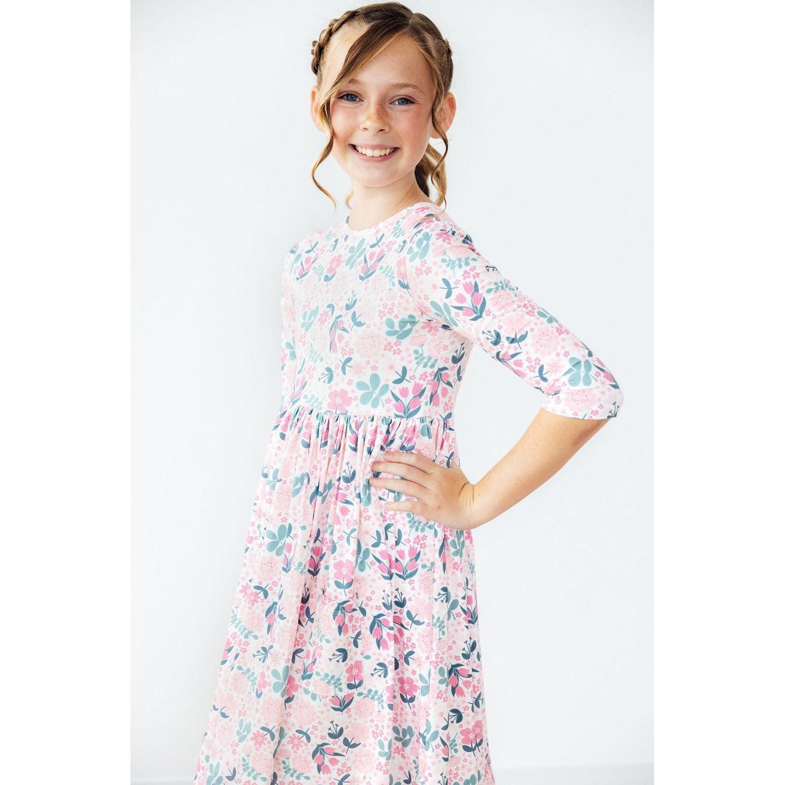 Softly Blooming 3/4 Sleeve Pocket Twirl Dress