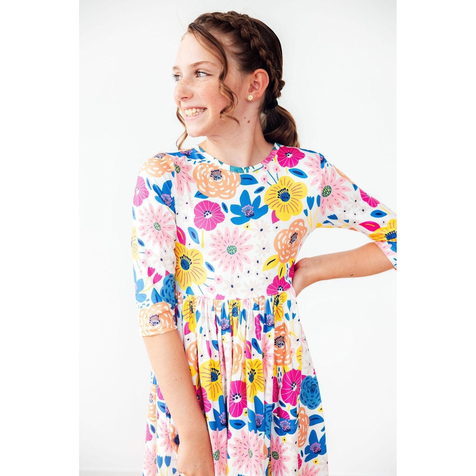 Sunshine Floral 3/4 Sleeve Pocket Twirl Dress