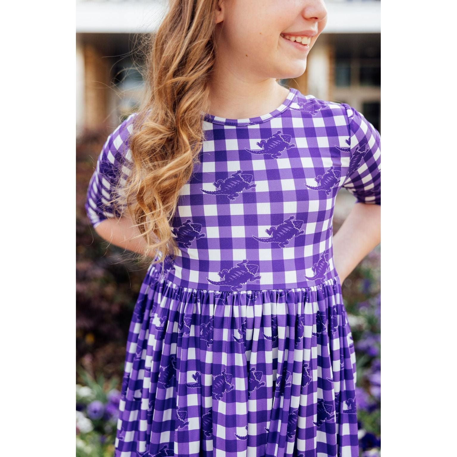 TCU Plaid Frog 3/4 Sleeve Pocket Twirl Dress