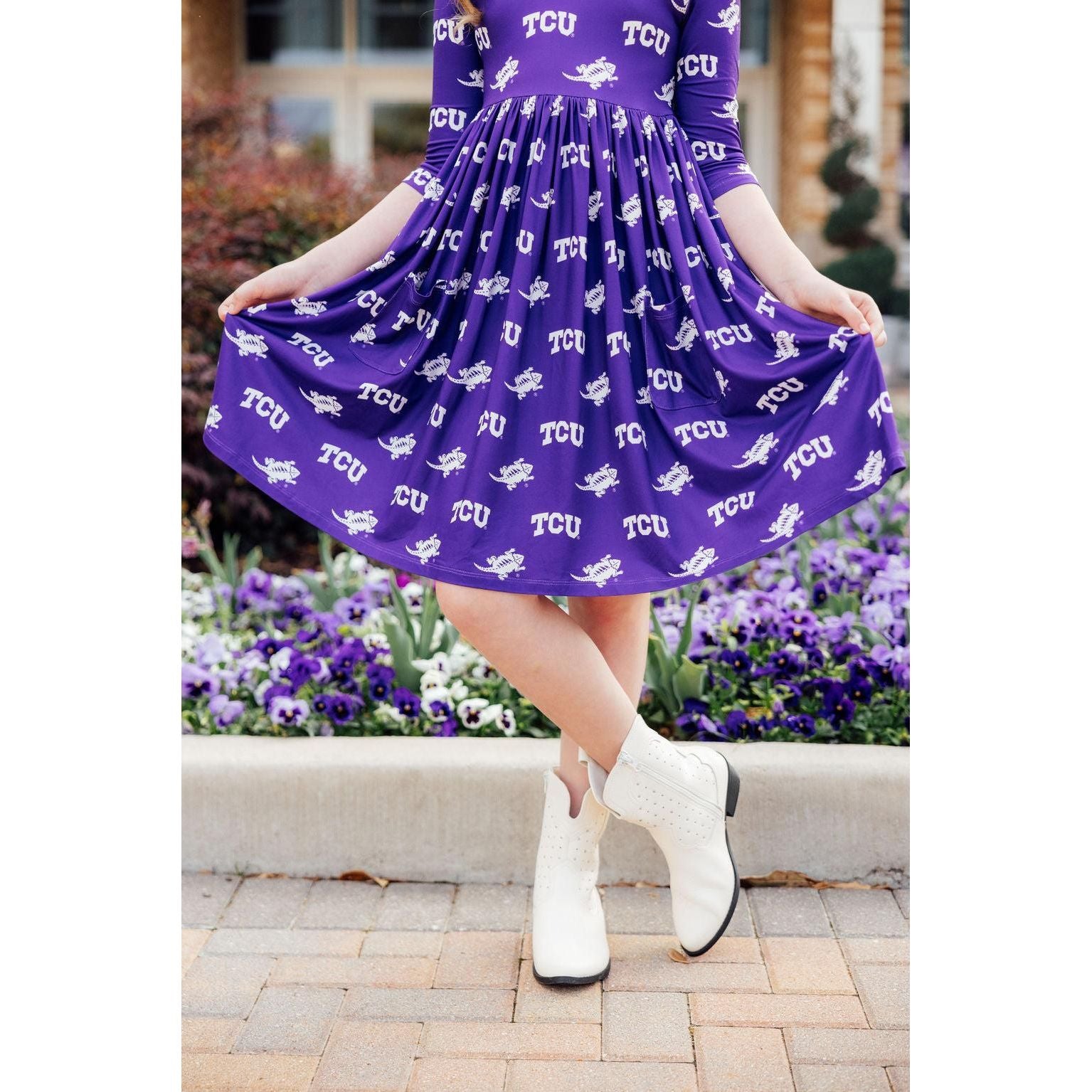 TCU Purple Frog 3/4 Sleeve Pocket Twirl Dress