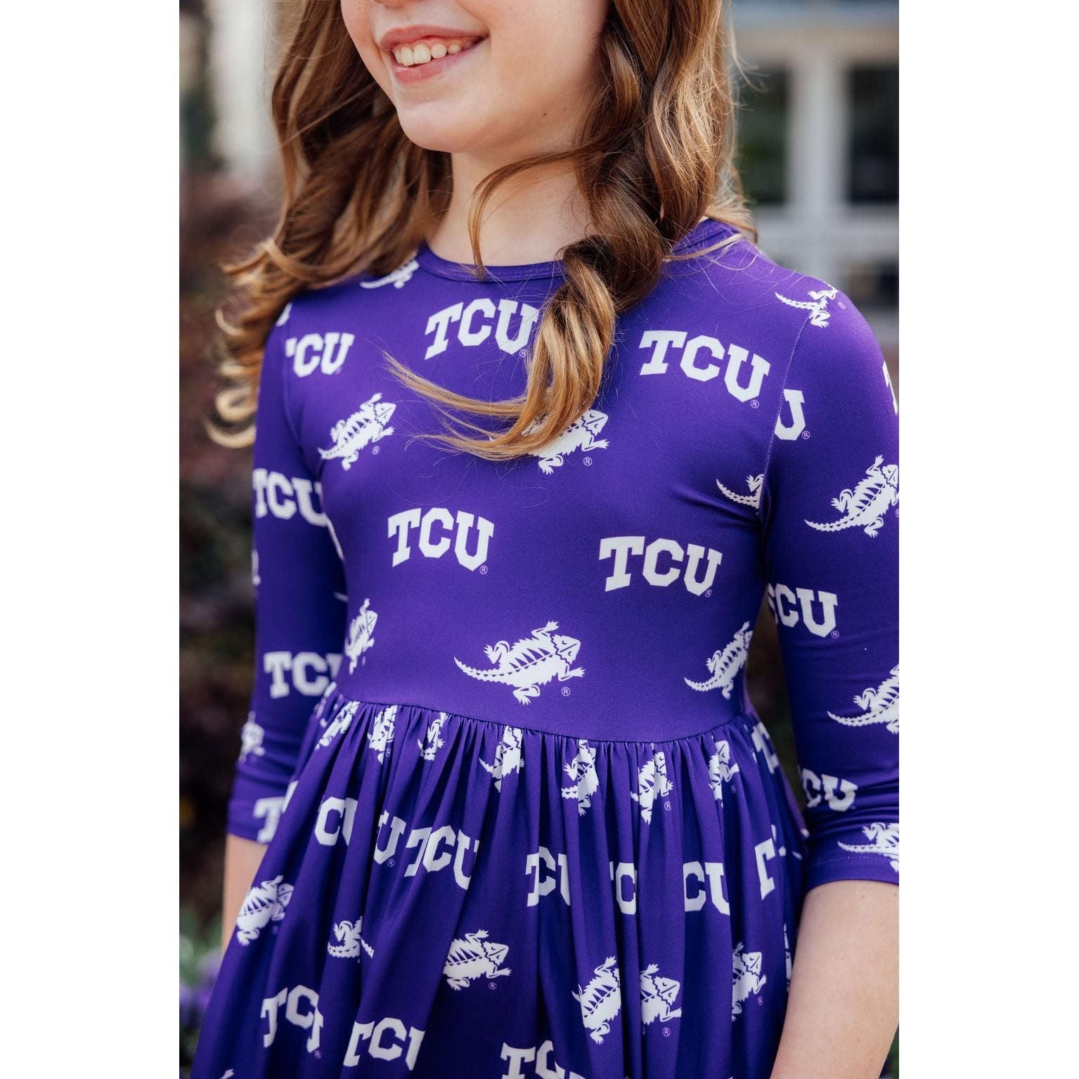 TCU Purple Frog 3/4 Sleeve Pocket Twirl Dress
