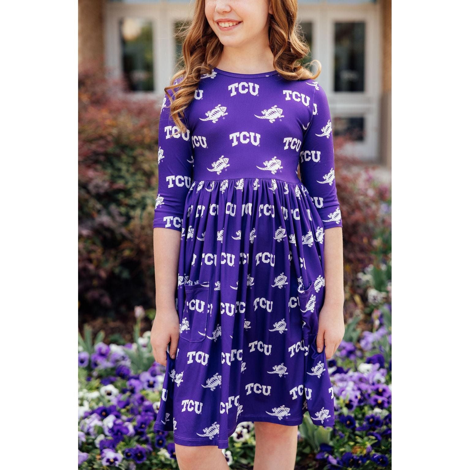 TCU Purple Frog 3/4 Sleeve Pocket Twirl Dress