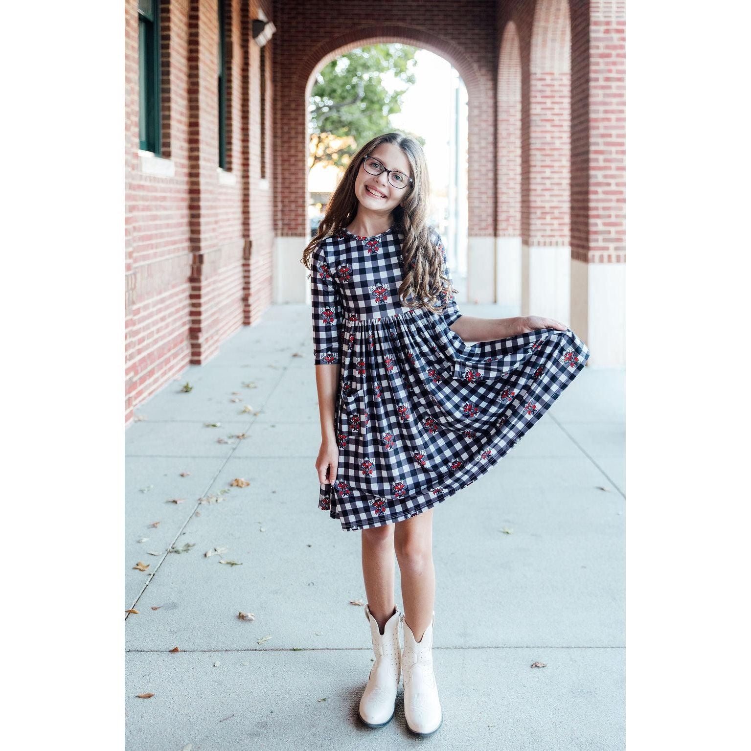 Texas Tech Plaid Raider Red 3/4 Sleeve Pocket Twirl Dress