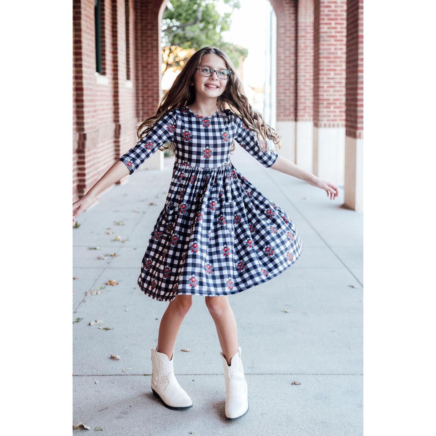 Texas Tech Plaid Raider Red 3/4 Sleeve Pocket Twirl Dress