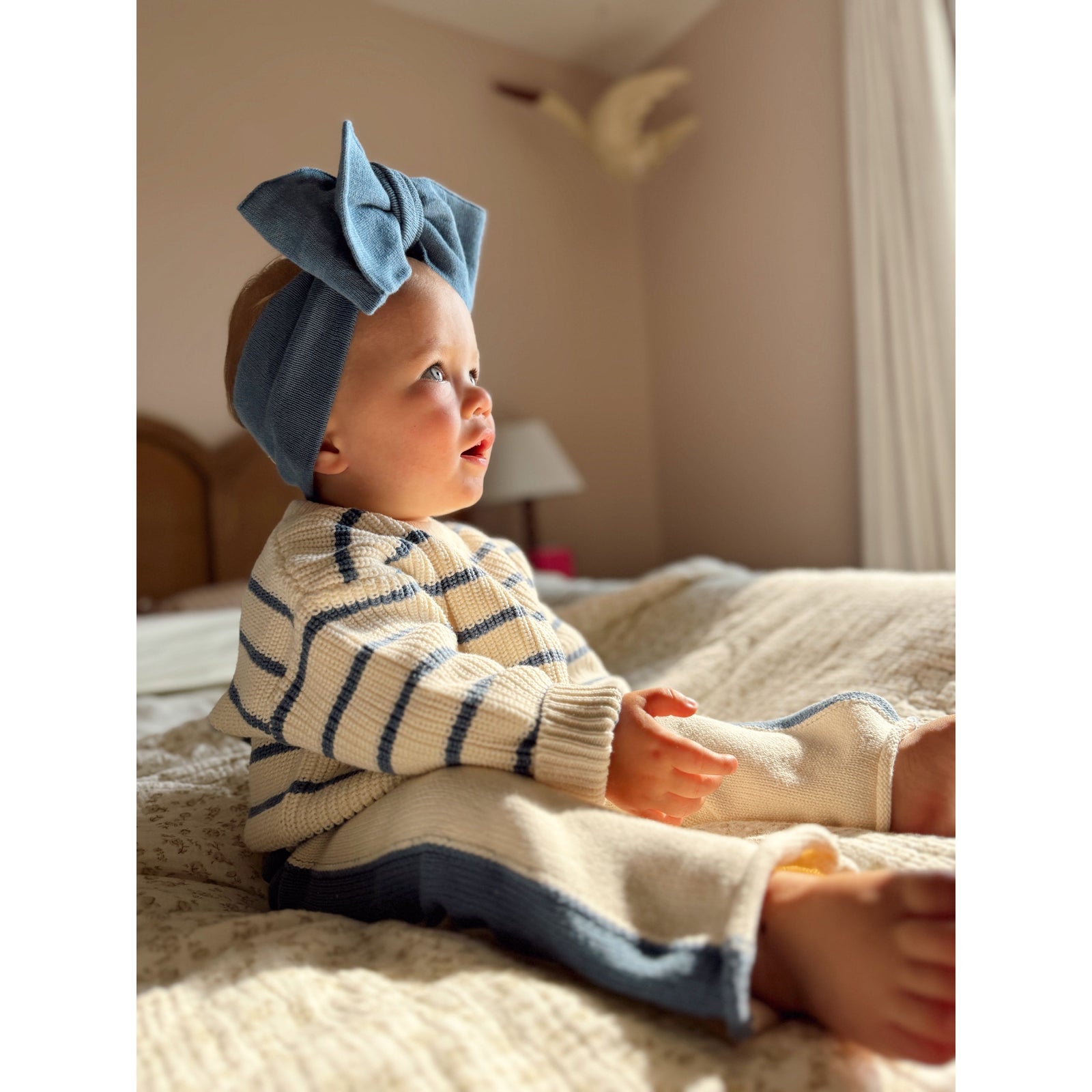 Knit Striped Pants - Cream & Denim Blue