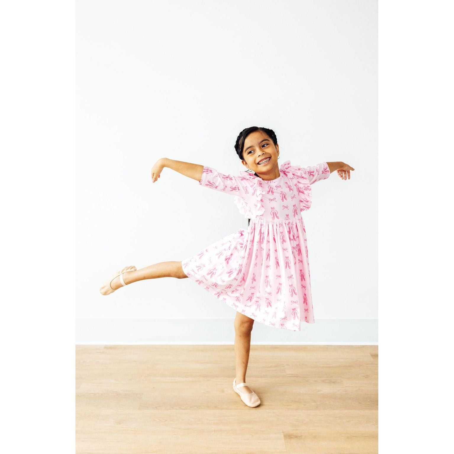 Twirling en Pointe 3/4 Sleeve Ruffle Twirl Dress