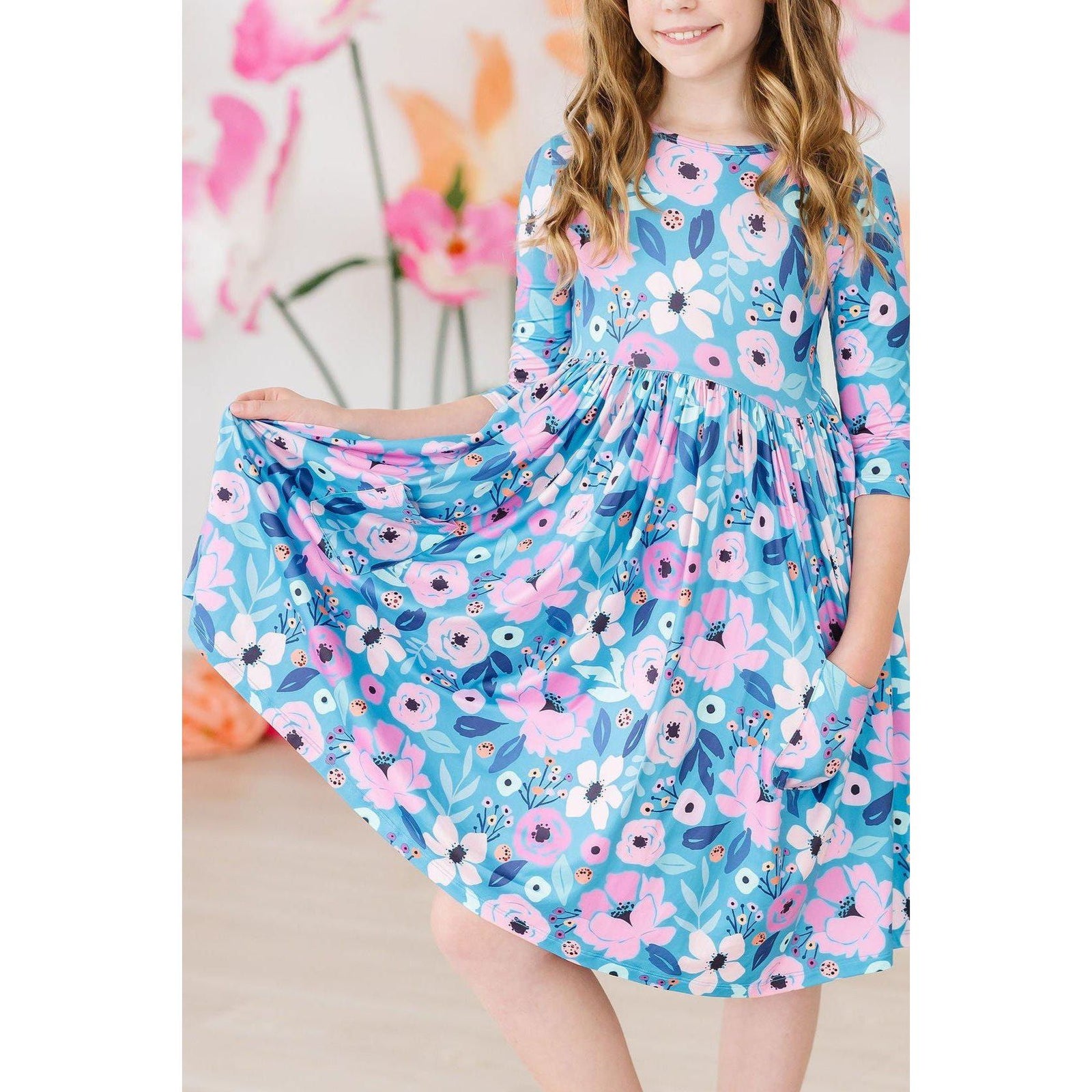 Twirling in Teal 3/4 Sleeve Pocket Twirl Dress