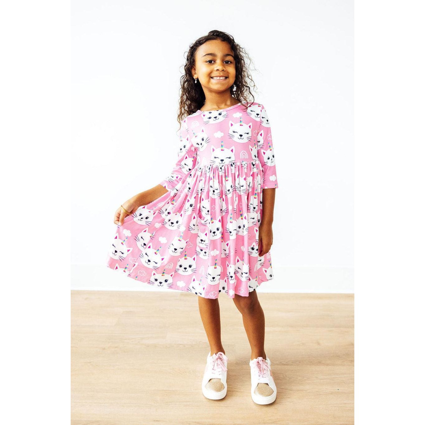 Unicorn Kitties 3/4 Sleeve Pocket Twirl Dress