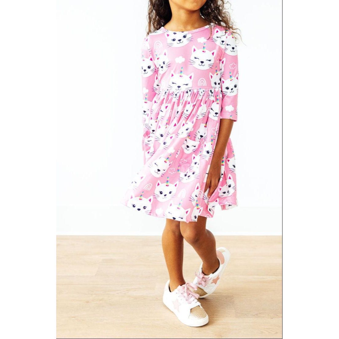 Unicorn Kitties 3/4 Sleeve Pocket Twirl Dress