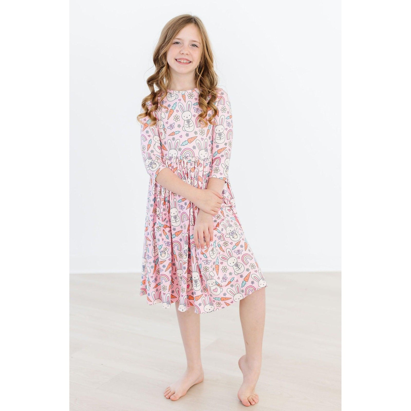 Springtime Bunnies 3/4 Sleeve Pocket Twirl Dress