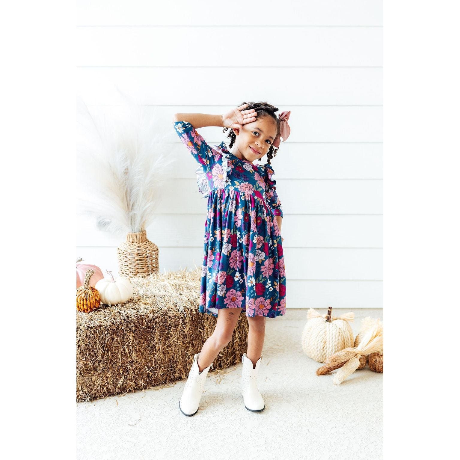 Vintage Garden 3/4 Sleeve Ruffle Twirl Dress