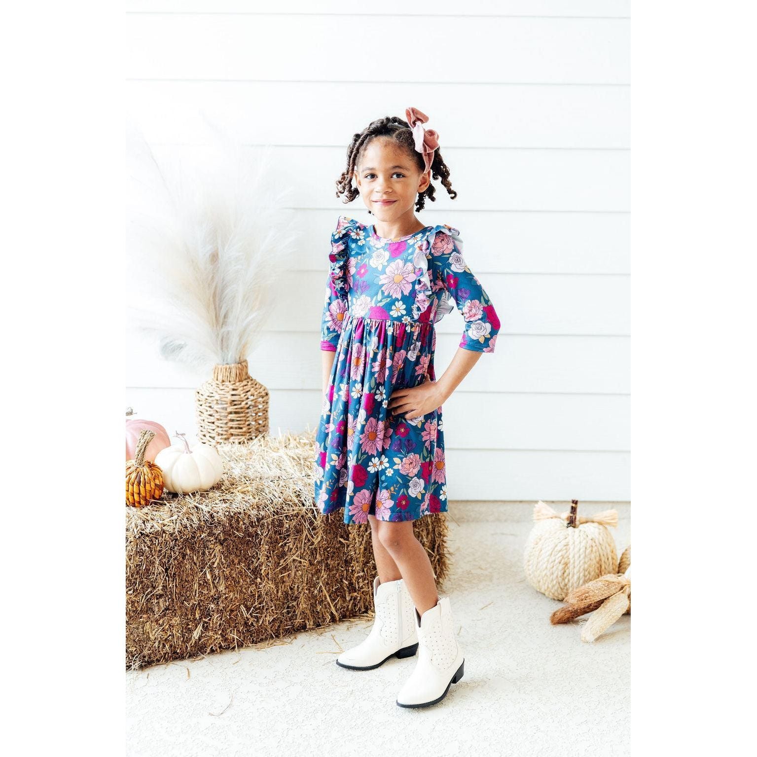 Vintage Garden 3/4 Sleeve Ruffle Twirl Dress