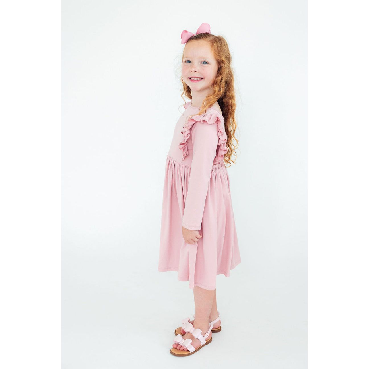 Vintage Pink L/S Ruffle Twirl Dress