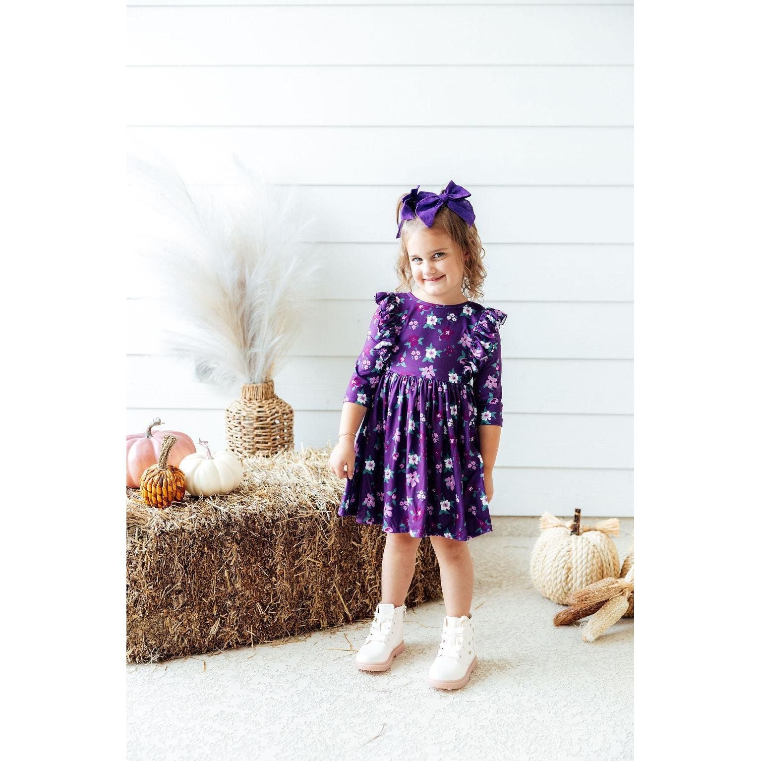 SALE Violets in Bloom 3/4 Sleeve Ruffle Twirl Dress