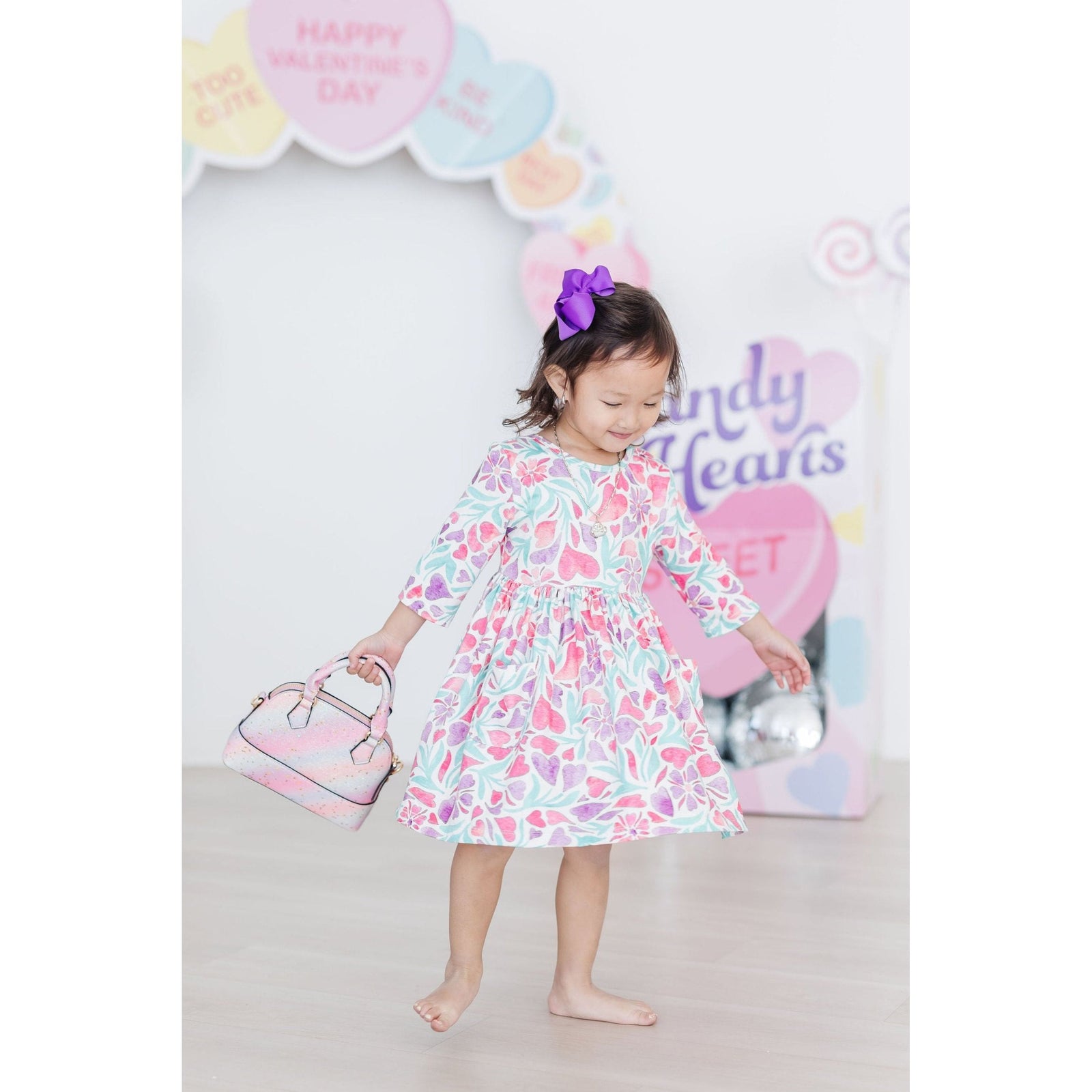 Watercolor Hearts 3/4 Sleeve Pocket Twirl Dress