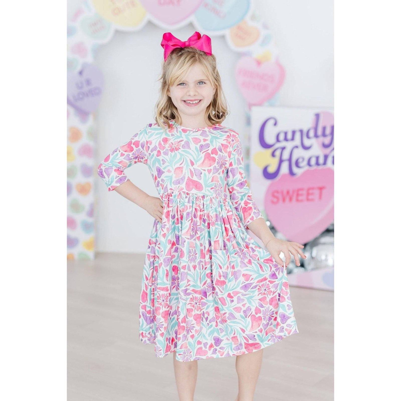 Watercolor Hearts 3/4 Sleeve Pocket Twirl Dress