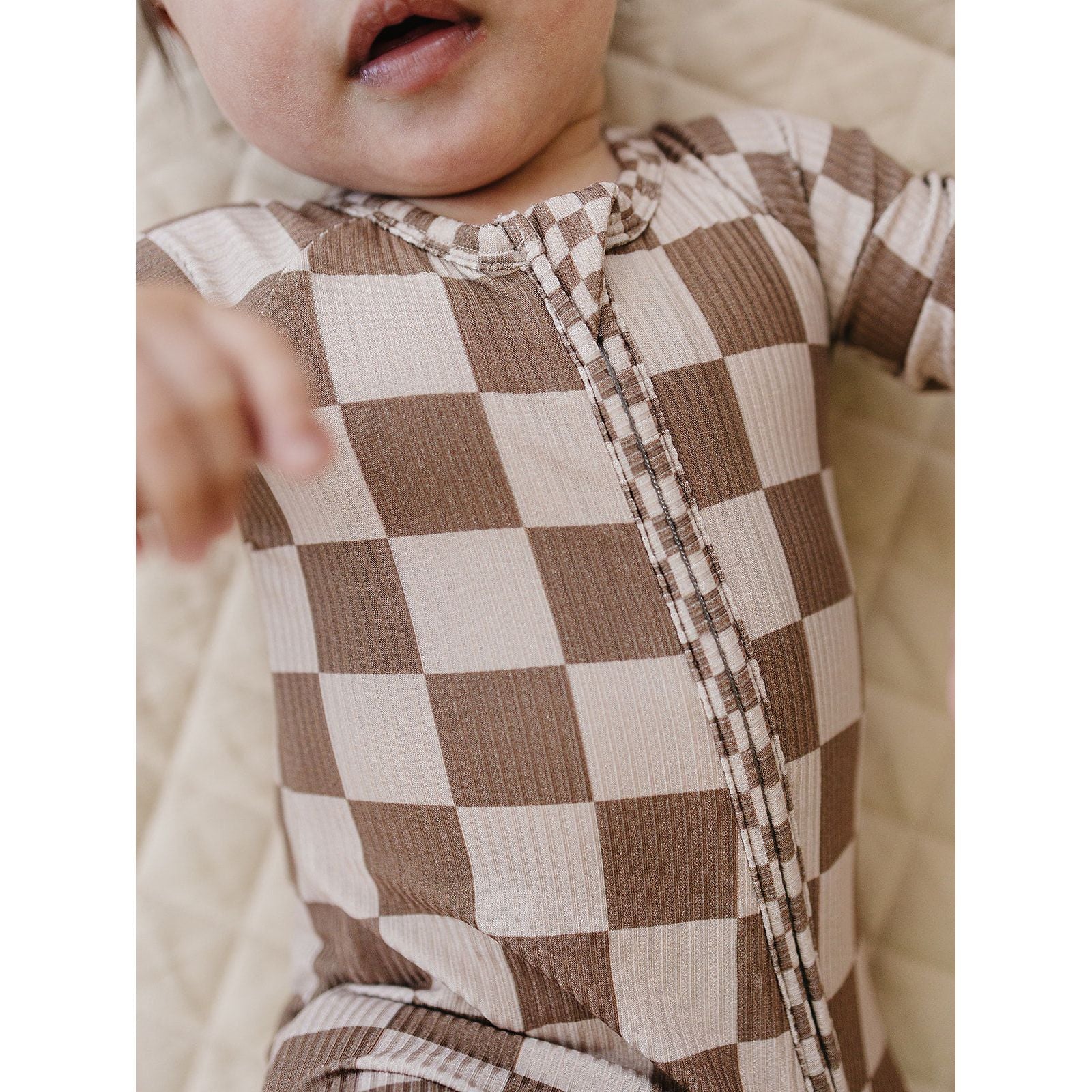 Ribbed Bamboo Zip Romper | Latte Checkered