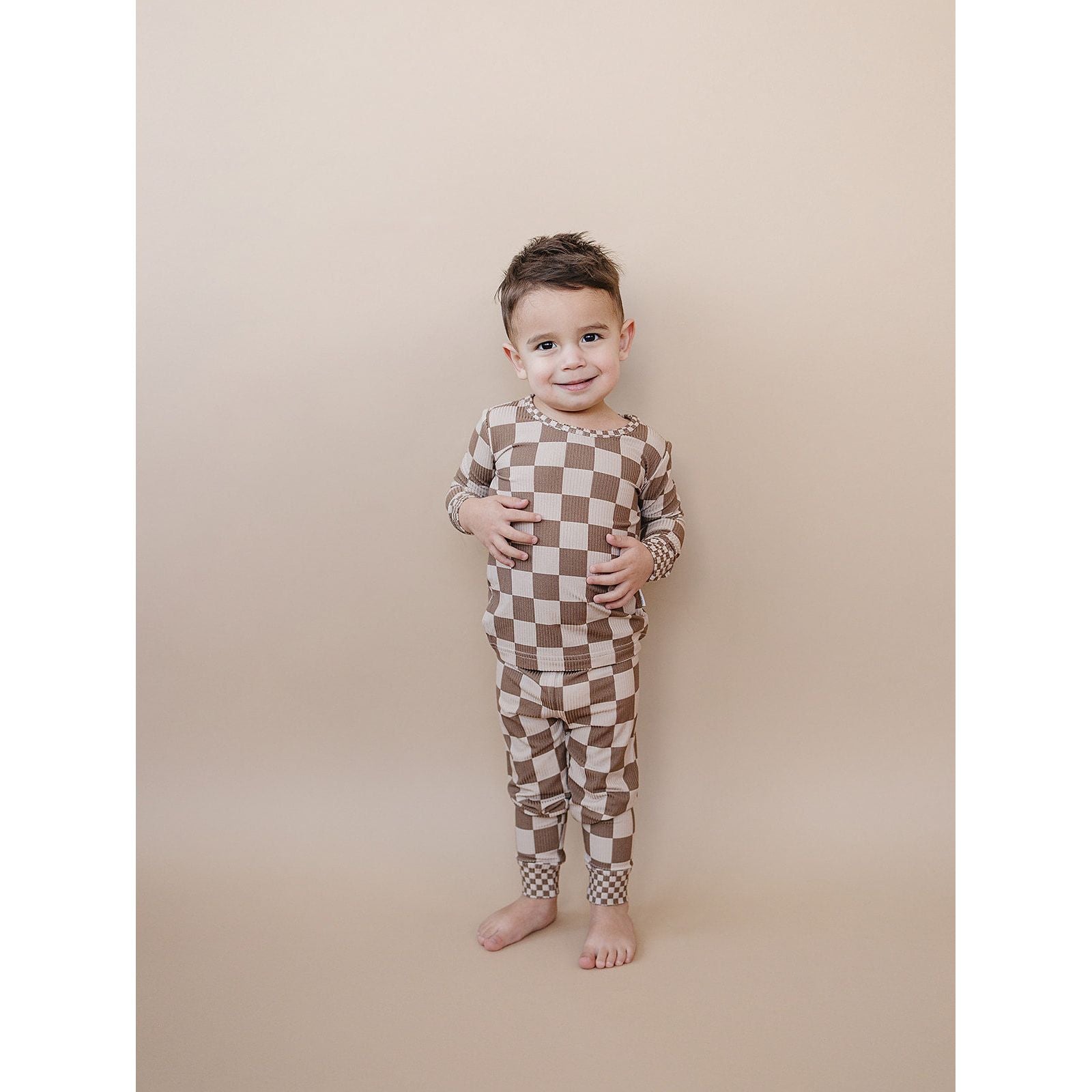 Ribbed Bamboo Two Piece Set | Latte Checkered