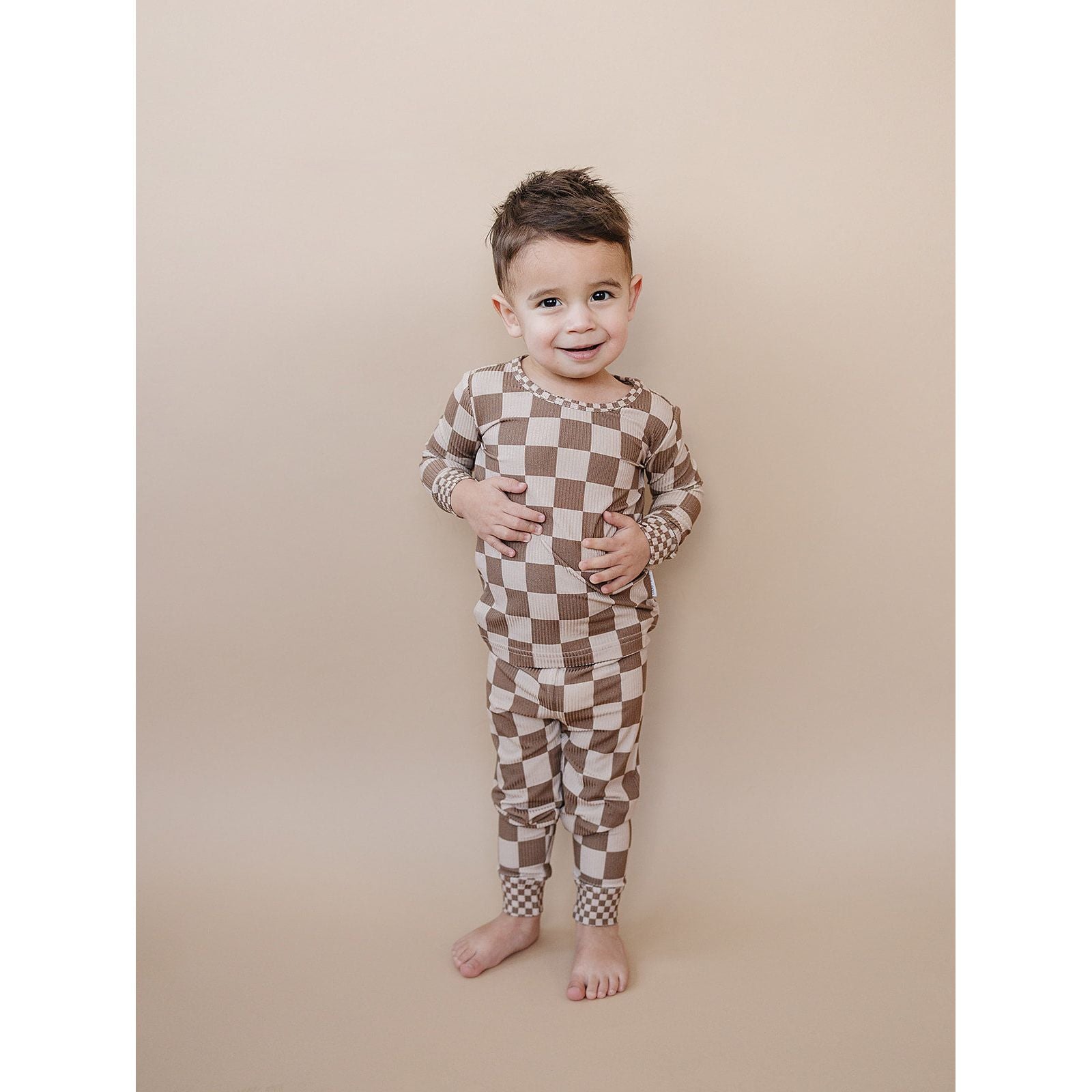Ribbed Bamboo Two Piece Set | Latte Checkered