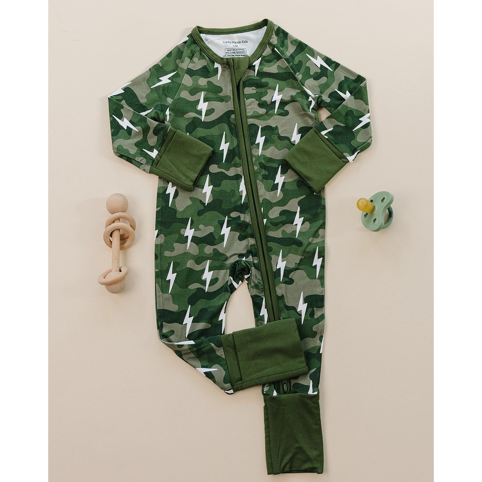 Bamboo Zip Romper | Green Camo Bolts