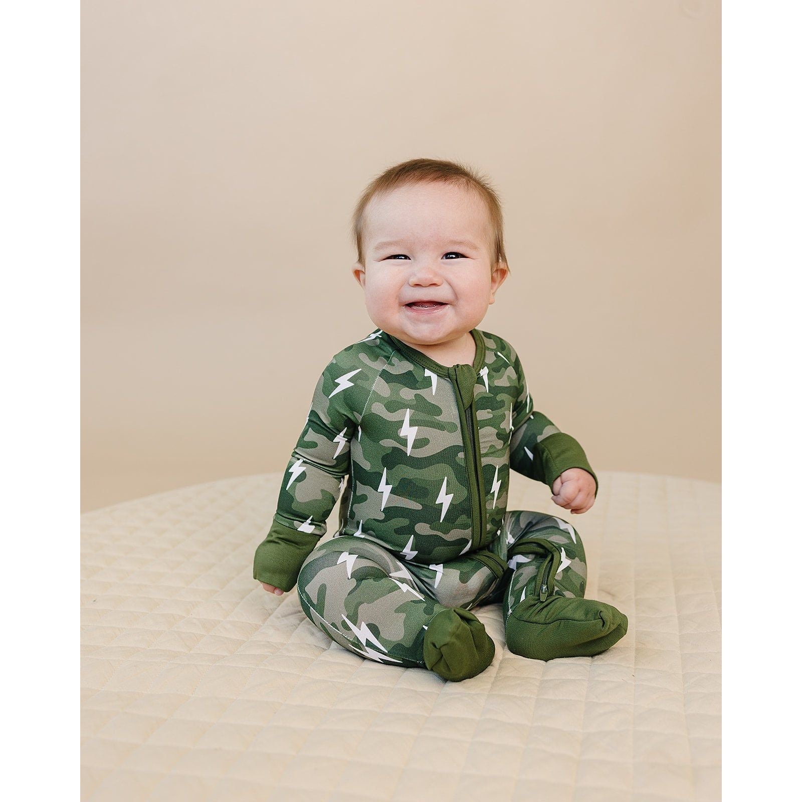 Bamboo Zip Romper | Green Camo Bolts