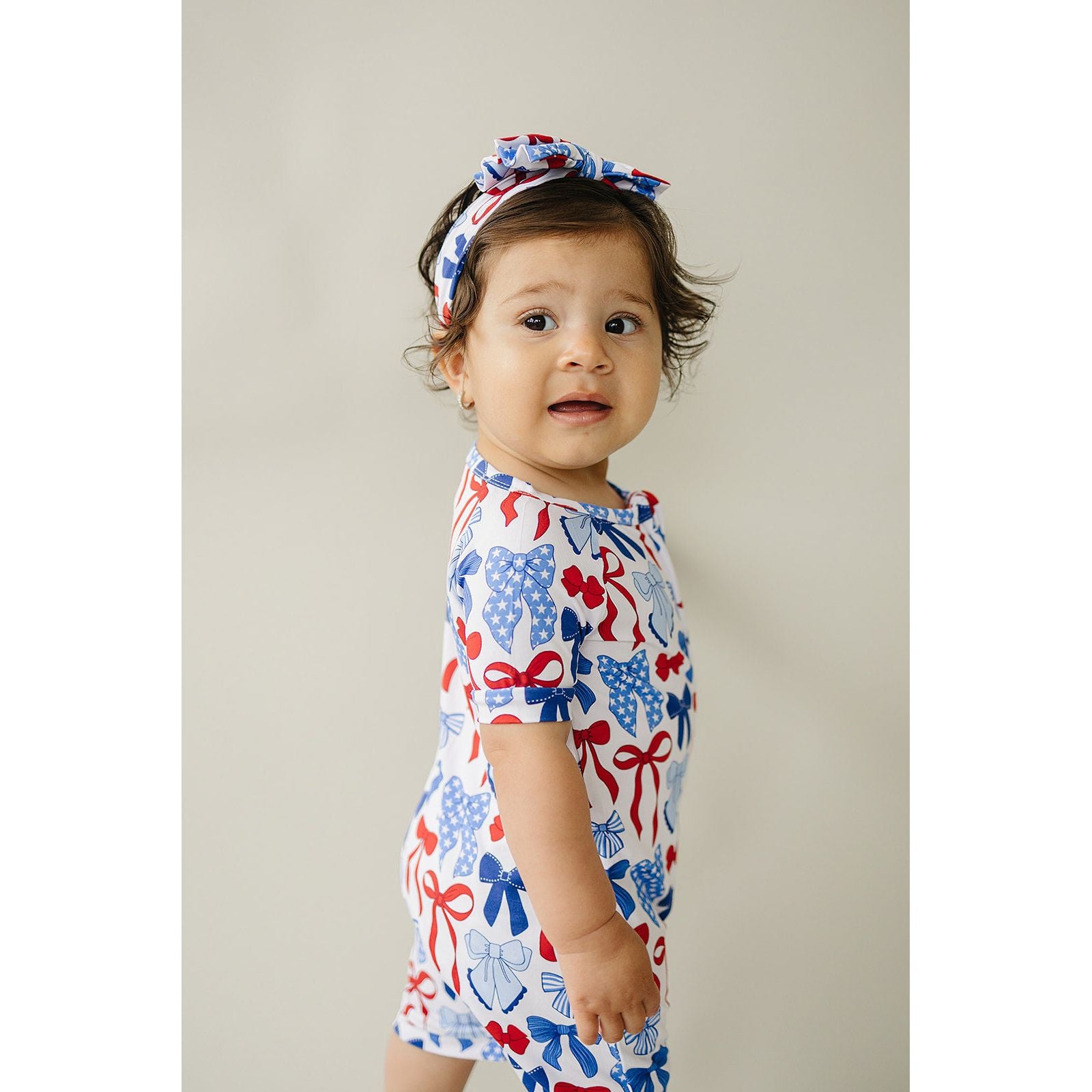 Bamboo Shorty Romper | Red-White & Bows