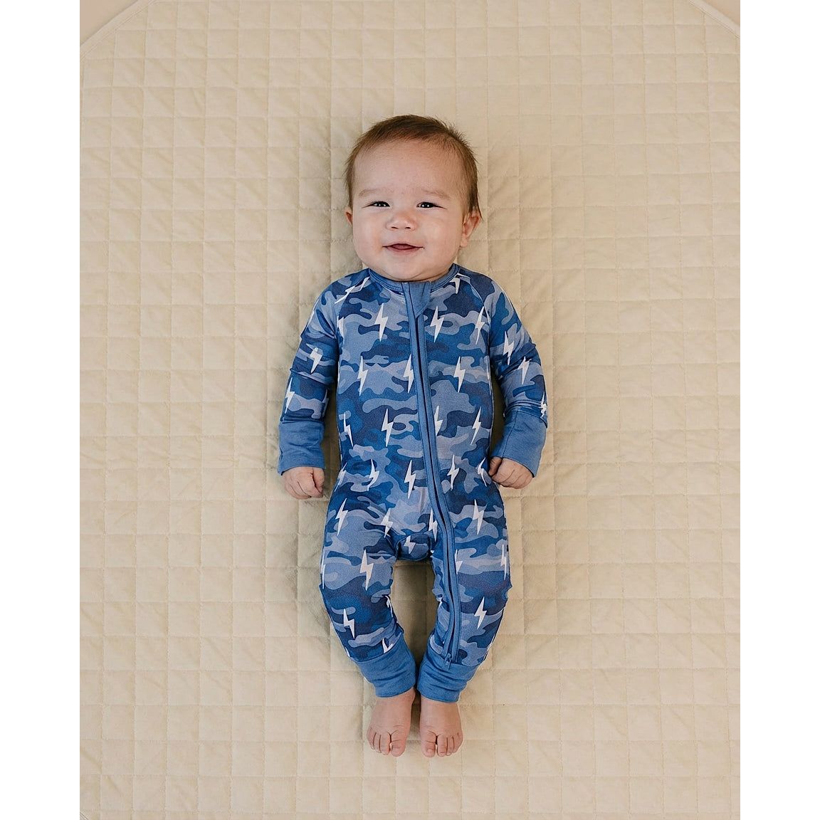 Bamboo Zip Romper | Blue Camo Bolts