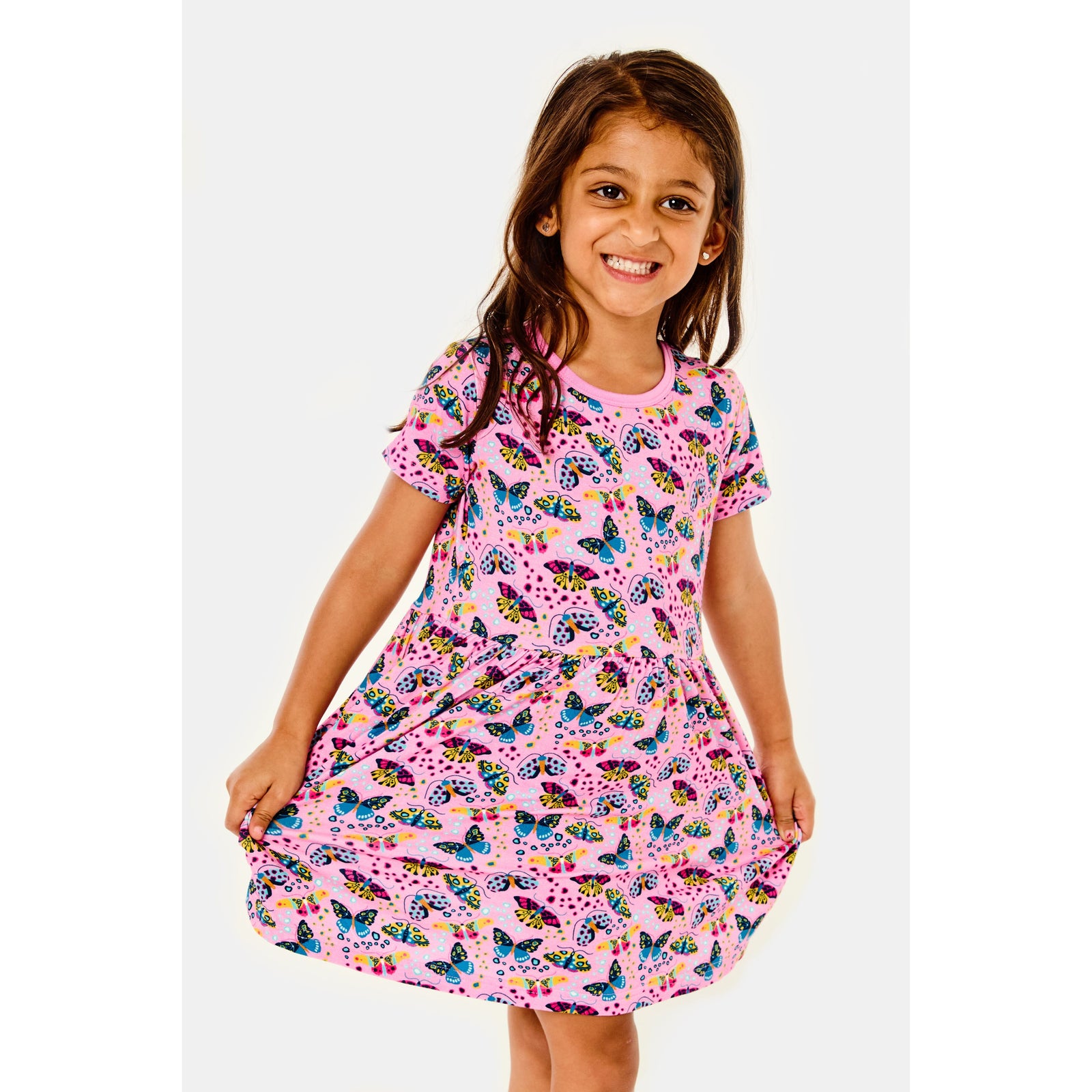 Stretchy Short Sleeve Twirl Dress - Butterflies