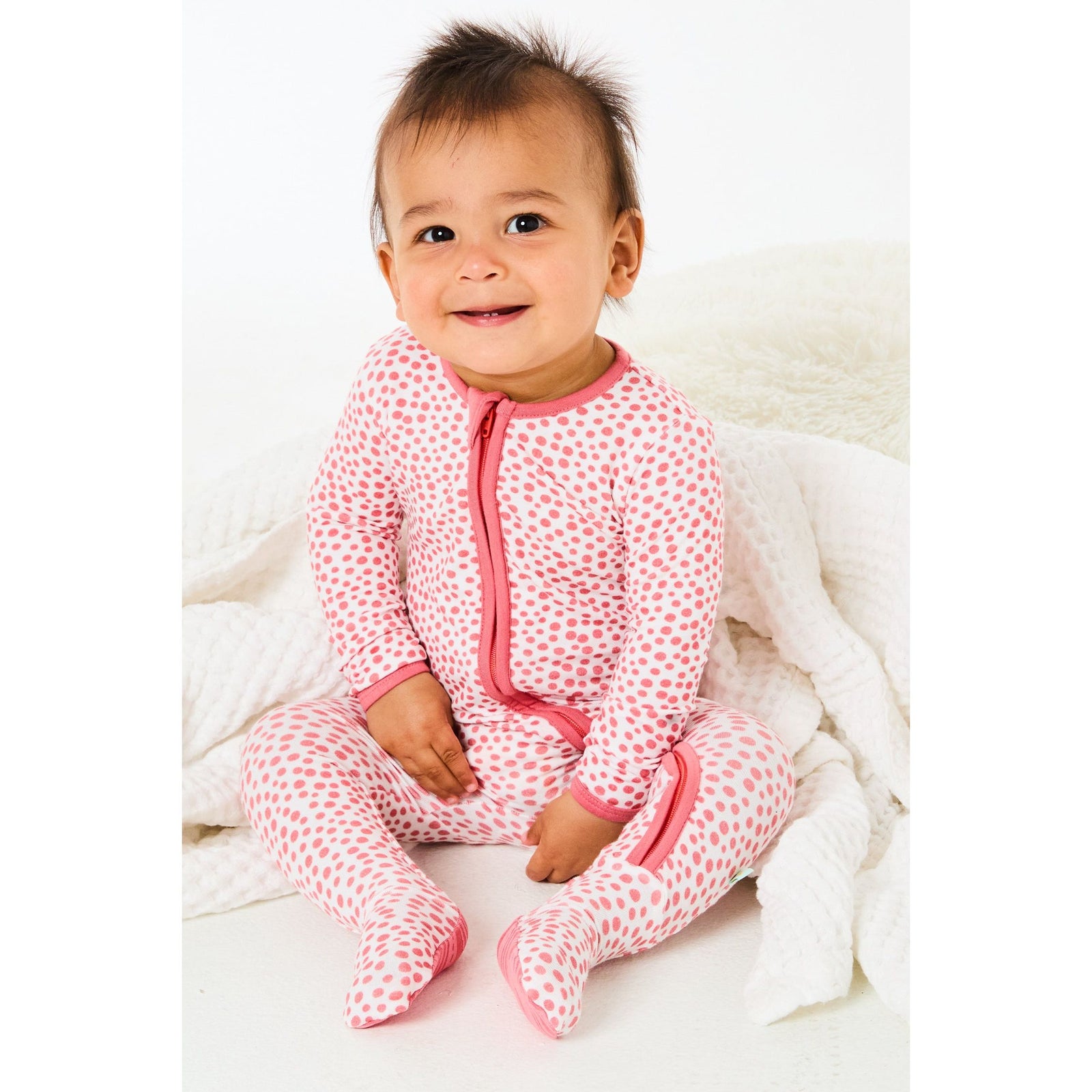 Soft & Stretchy Zipper Footie - Coral Dots