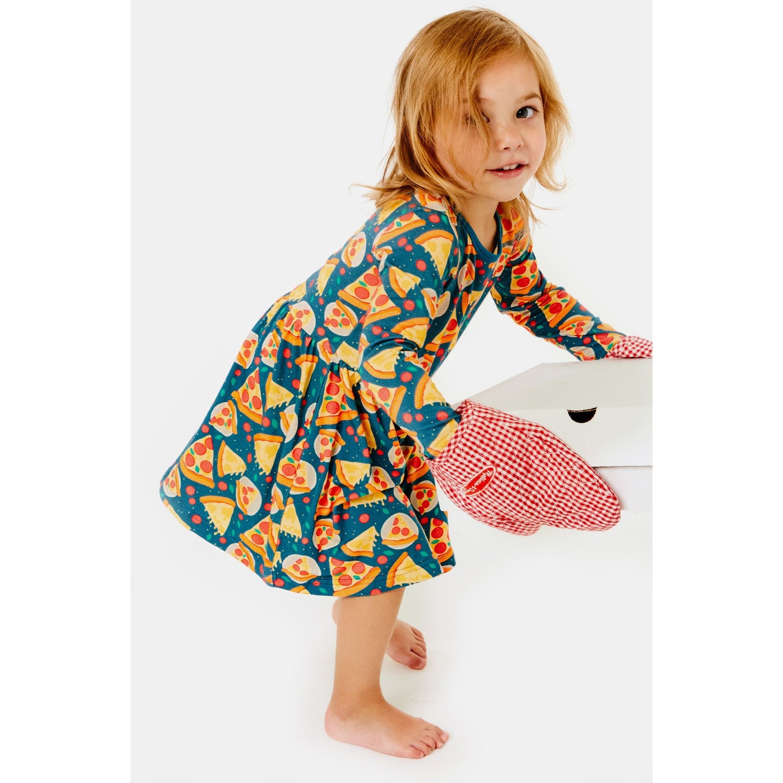 Stretchy Long Sleeve Twirl Dress - Pizza Party